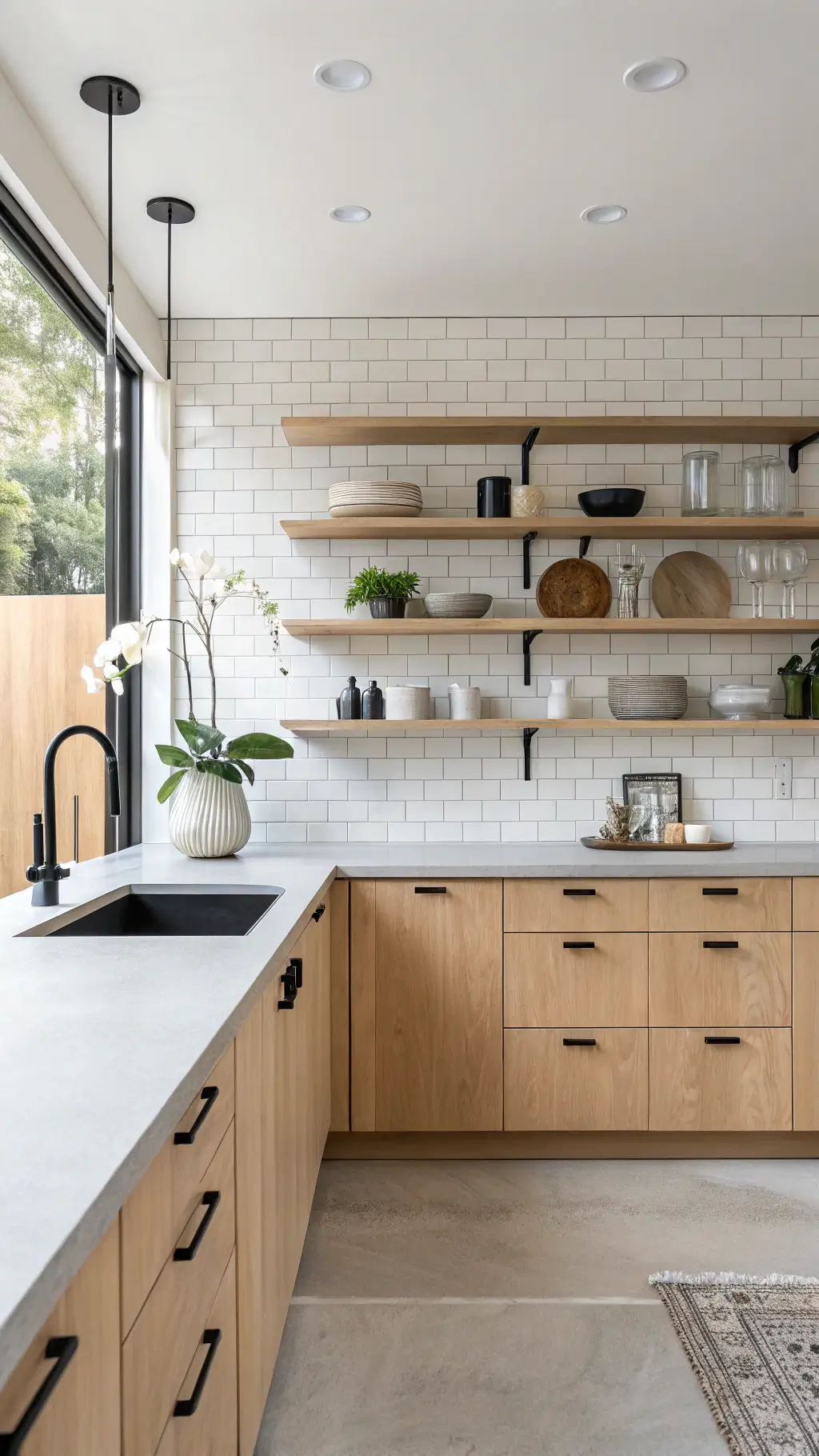 Minimalist kitchen with maple cabinets reaching a 10ft ceiling, floating shelves displaying ceramics, matte black hardware, concrete countertops, and a white orchid as a focal point, bathed in mid-morning light.