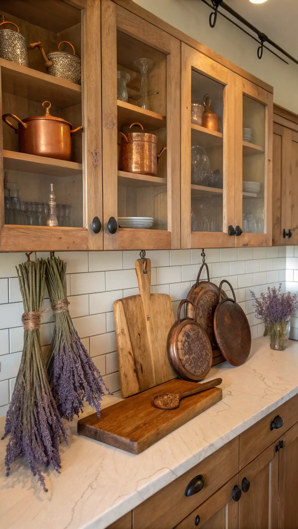 Rustic-modern kitchen corner with maple cabinets and glass-front uppers. Vintage copper cookware hangs artfully, and dried lavender bundles dangle from iron hooks. Weathered wooden cutting boards rest against a cream backsplash. Warm late afternoon light enhances the rich maple, aged copper, and purple-grey tones.