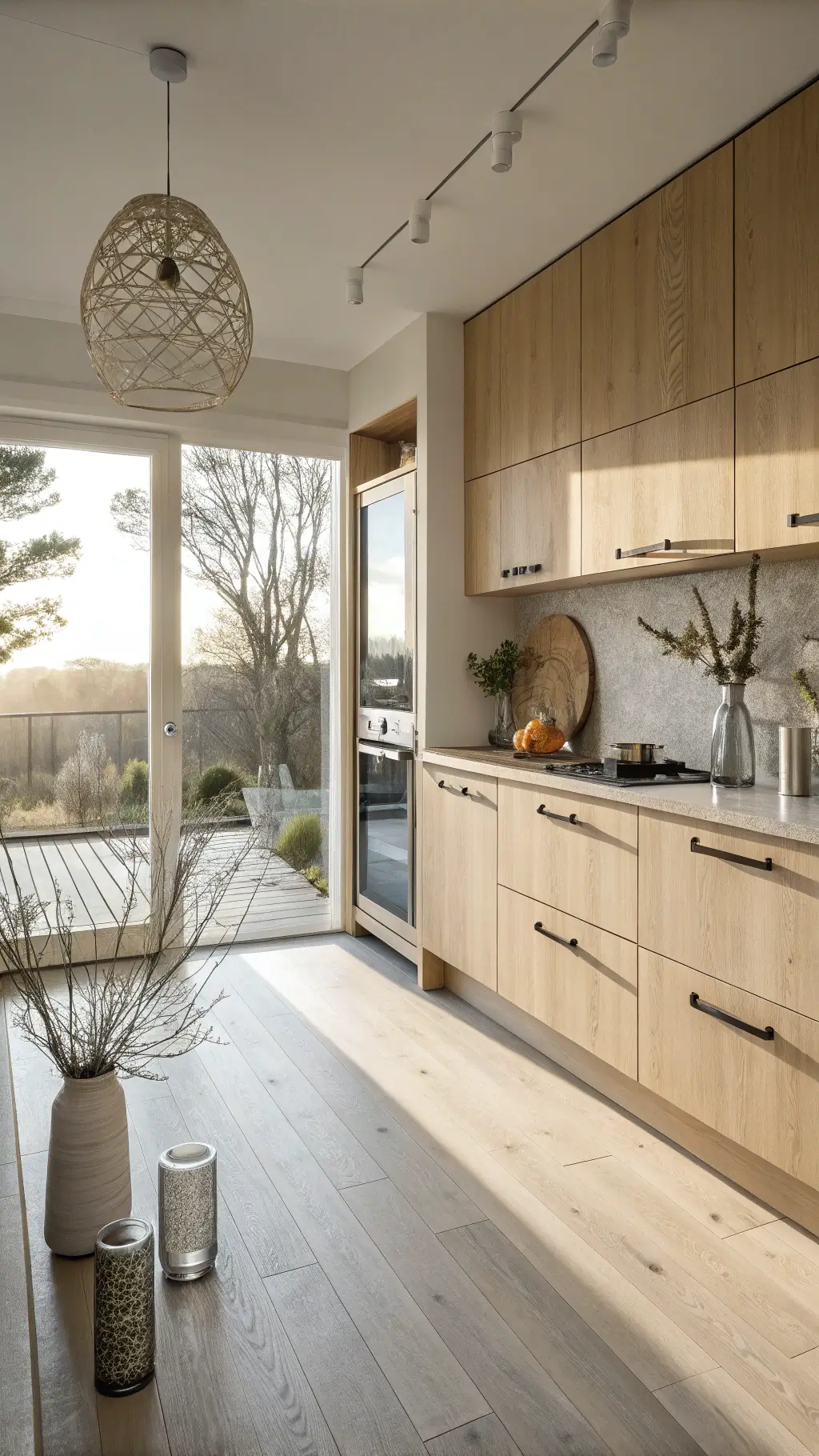 Scandinavian-inspired kitchen at sunrise with light maple cabinets, white oak flooring, and minimal decor. Geometric ceramics and glass vases with single branches adorn the space. A natural fiber pendant casts soft shadows. Warm white, grey, and black accents enhance the serene atmosphere. Shot from the doorway with a 35mm lens.