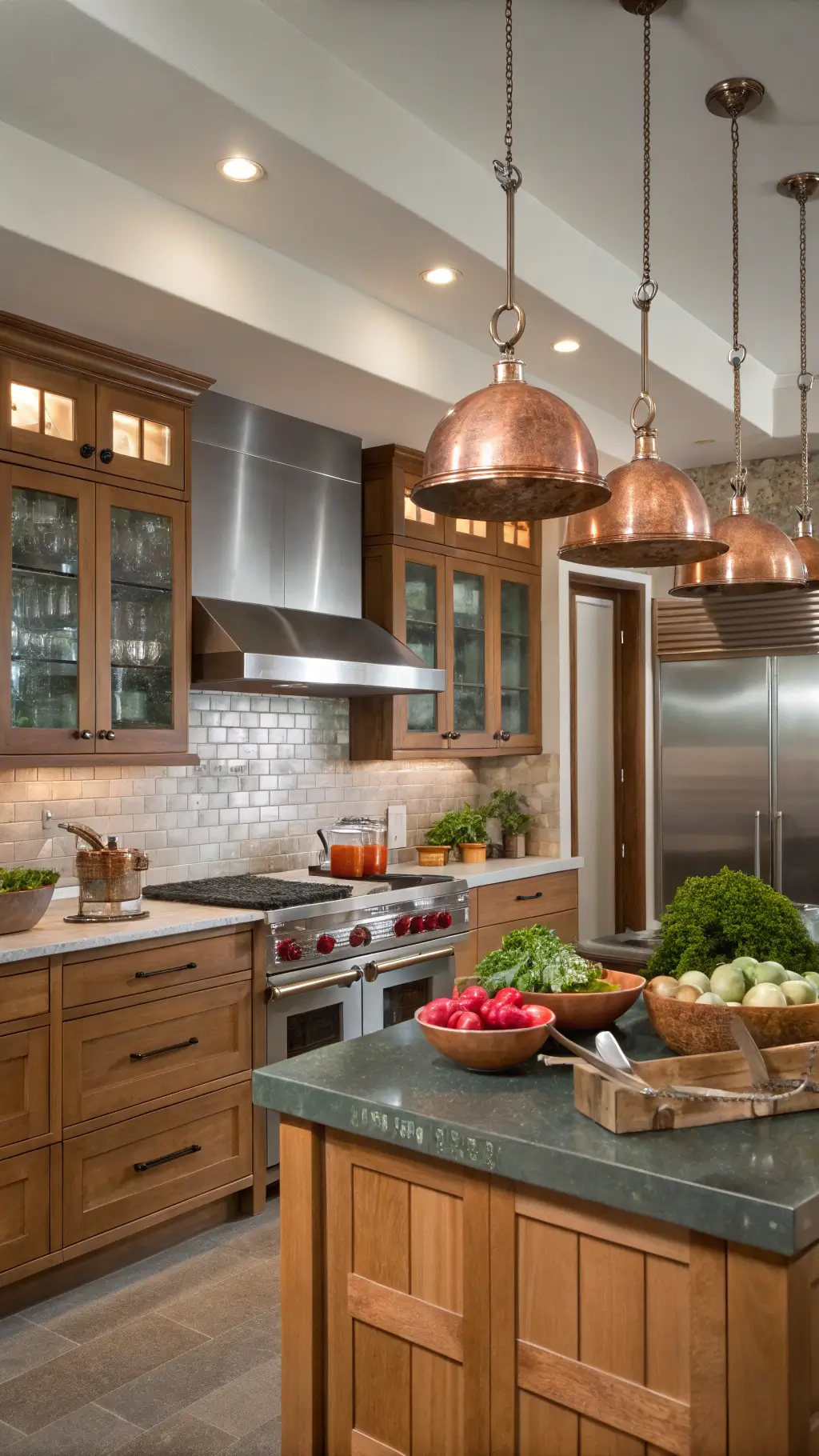 Chef's kitchen with stainless steel appliances, maple cabinets with frosted glass uppers, and dramatic pendant lighting. Copper pots hang from a ceiling rack, and fresh produce is arranged in wooden bowls.