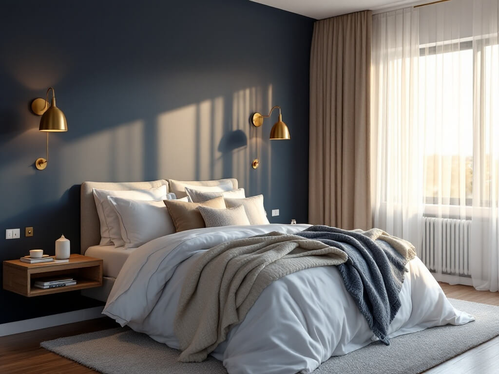 A cozy boutique bedroom with a navy accent wall, a plush queen bed with white linens, layered textures, and chunky knit throws. Warm brass wall sconces illuminate floating wooden nightstands. Sheer white curtains filter soft morning light, casting ethereal rays. Minimalist decor on vertical white shelving enhances the serene, high-end atmosphere.