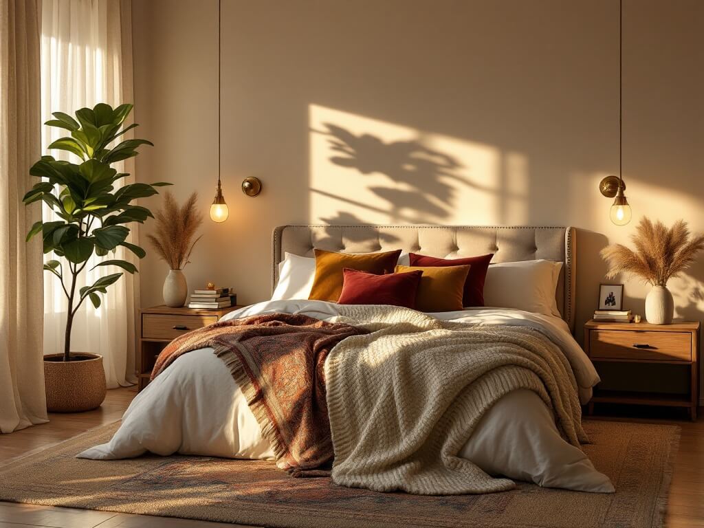 A cozy, luxurious bedroom bathed in warm golden hour light, featuring a queen-sized bed with layered textiles, brass sconces, a tufted beige headboard, and vintage decor elements like a Persian rug, walnut nightstands, and pampas grass in ceramic vases. A fiddle leaf fig stands in the sunlight, with ambient lighting from brass table lamps and copper string lights.