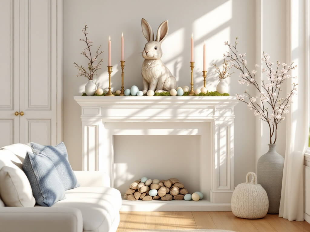 Sunlit living room with a white fireplace mantel decorated for Easter, featuring a weathered ceramic bunny, brass candlesticks with blush pink candles, moss-covered eggs, and cherry blossom branches. A cream linen sofa with blue throw pillows sits in the foreground, illuminated by warm golden hour light from cathedral windows. Natural hardwood floors reflect the soft glow.