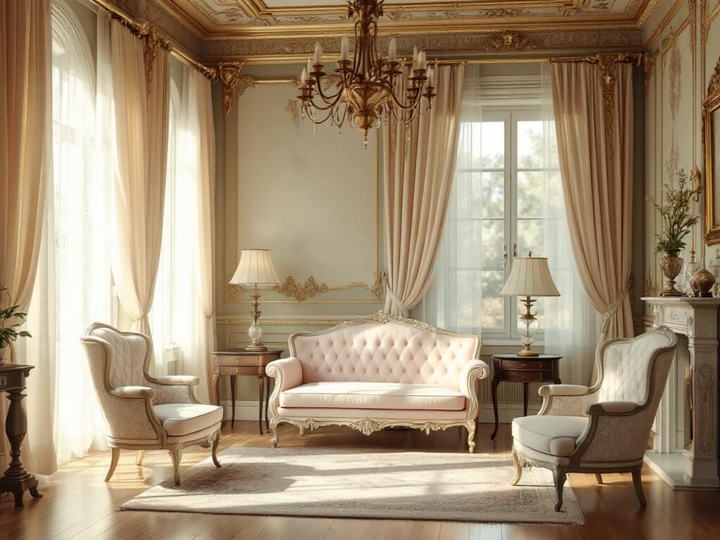 A photorealistic Victorian parlor bathed in ethereal afternoon sunlight, featuring a blush pink velvet settee between two cream brocade wingback chairs. Ornate crown molding, dark mahogany side tables with crystal decanters, a Persian rug in muted rose and ivory tones, and a brass Baroque chandelier enhance the elegant atmosphere. Sage green damask wallpaper, warm hardwood floors with patina, and delicate lace curtains complete the vintage aesthetic.