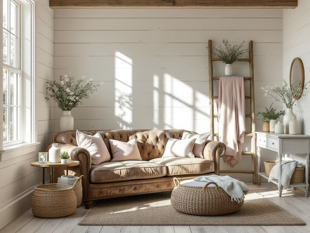 Farmhouse living room with natural morning light, white oak floors, shiplap walls, a weathered leather Chesterfield sofa with linen pillows in sage green and blush pink, vintage wooden ladder with pastel quilts, mason jar wall vases with wildflowers, distressed console table with antique decor, and floor-to-ceiling windows casting dramatic shadows.