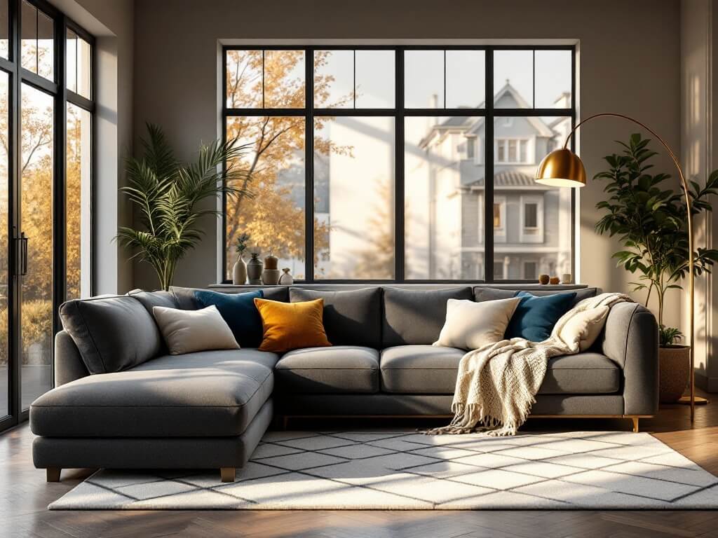 Photorealistic modern living room with a plush charcoal grey sectional sofa, textured throw pillows, a chunky knit cream throw blanket, a geometric area rug, brass arched floor lamp, and warm golden hour sunlight streaming through floor-to-ceiling windows.