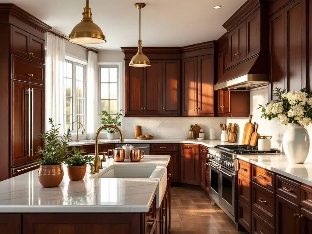 Luxury cherry wood kitchen with floor-to-ceiling cabinets, cream quartz island, antique brass pendant lights, golden hour sunlight, and styled with copper mugs, white ceramics, and fresh herbs.