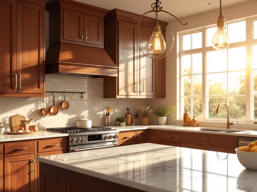 Luxury kitchen with rich cherry wood cabinets, cream marble countertops, and a spacious island, bathed in warm morning sunlight. Copper cookware hangs from a wrought-iron rack, with Edison bulb pendant lights adding ambiance. Stainless steel appliances and brushed nickel hardware complete the elegant design.
