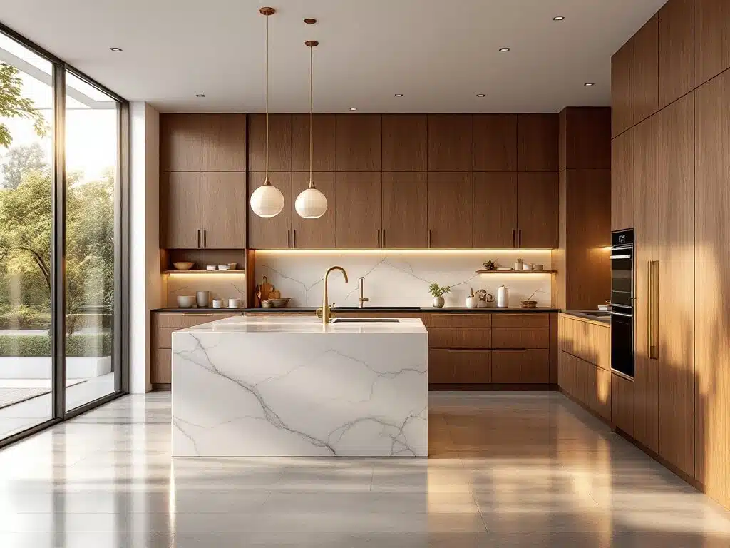 Photorealistic modern kitchen with rich walnut cabinets, white quartz waterfall island, brushed brass hardware, and golden hour sunlight streaming through floor-to-ceiling windows.
