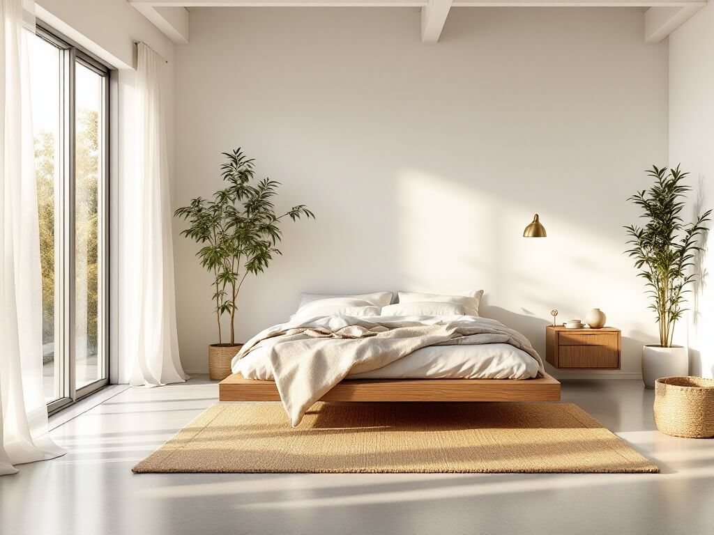Minimalist bedroom with warm morning light, oak platform bed with white linen bedding, floating walnut nightstand, sheer curtains, jute rug on polished concrete floors, and a potted bamboo plant.
