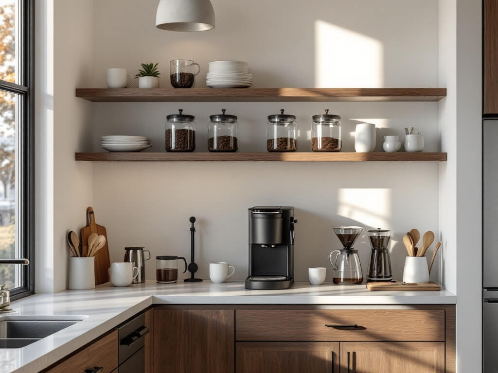 Photorealistic modern coffee nook in a corner of a kitchen, featuring a matte black professional coffee maker on a sleek white quartz countertop. Floating walnut shelves hold geometric glass containers of coffee beans and minimalist white ceramic mugs. Stainless steel accessories catch the morning golden hour light from floor-to-ceiling windows. An industrial concrete pendant lamp casts soft shadows, highlighting hyper-detailed textures in wood, quartz, and ceramics. Cool greys and warm woods create a sophisticated contrast in this meticulously arranged coffee station.