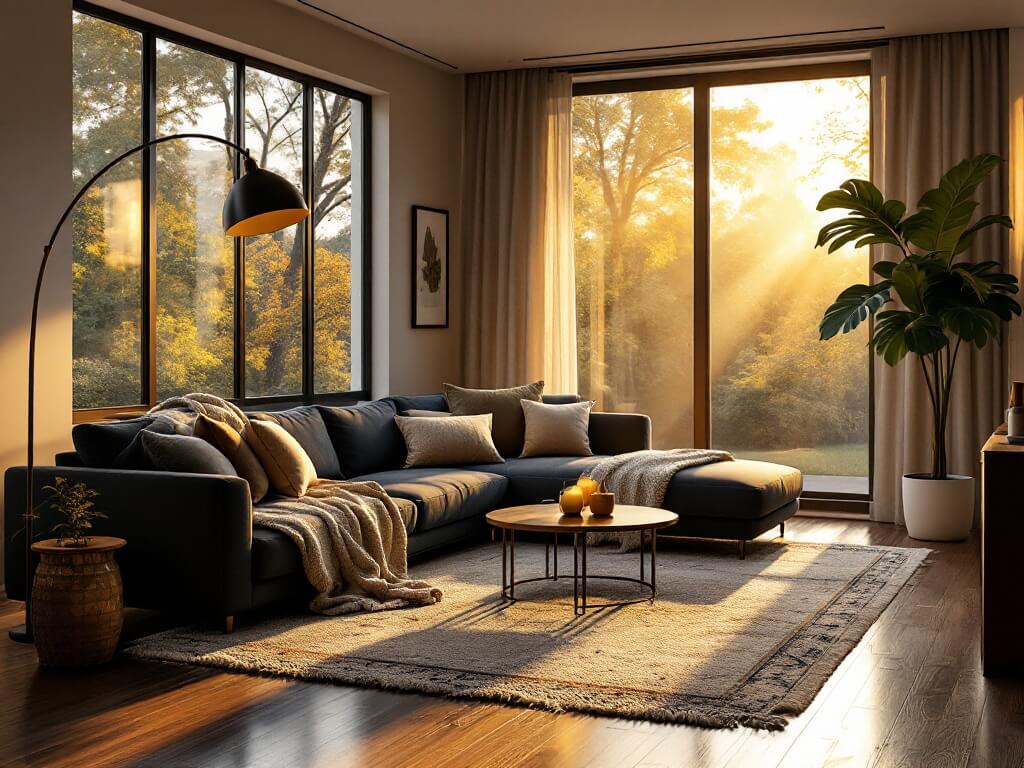 Photorealistic contemporary living room with a dark gray L-shaped sectional sofa, cream and beige textured throw pillows, and a chunky ivory knit throw blanket. Golden hour sunlight streams through floor-to-ceiling windows, highlighting layered Moroccan rugs on walnut hardwood floors. A brass floor lamp and a large fiddle leaf fig plant add warmth, while mixed metallic accents and cinematic lighting create a cozy atmosphere.