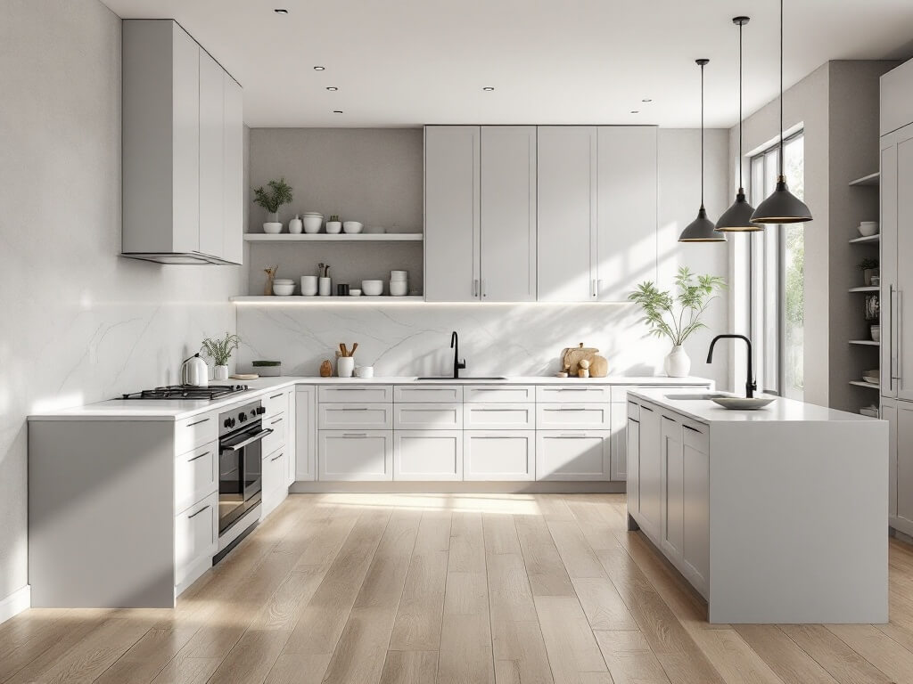Modern minimalist kitchen with light grey handleless cabinets, a white quartz waterfall island, matte black faucet, and wide-plank white oak floors, illuminated by soft morning light streaming through a large window.