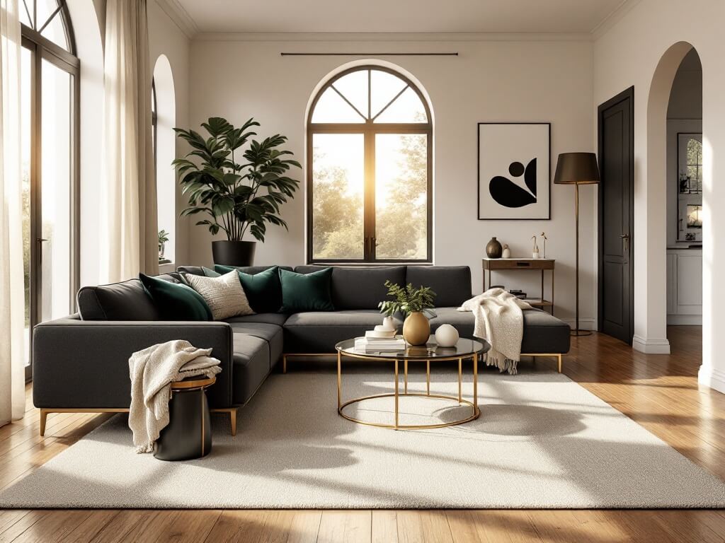 Sophisticated living room during golden hour featuring a dark grey sectional sofa, warm oak hardwood floors, and floor-to-ceiling windows with sheer white curtains. A brass-framed glass coffee table sits atop a cream Moroccan rug, accented by emerald velvet pillows and a chunky knit throw blanket. A fiddle leaf fig plant in a matte black planter, minimalist black and white photography, a vintage brass floor lamp, and a mid-century modern side table with a marble top enhance the space. Architectural arches and soft natural lighting create a cinematic and inviting ambiance.