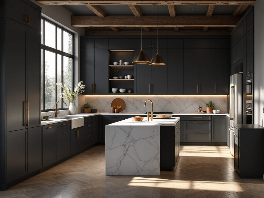 Luxurious modern kitchen with dark charcoal grey cabinets, a white quartz waterfall island, brass pendant lighting, herringbone marble backsplash, wide-plank white oak flooring, and warm morning light streaming through floor-to-ceiling windows.