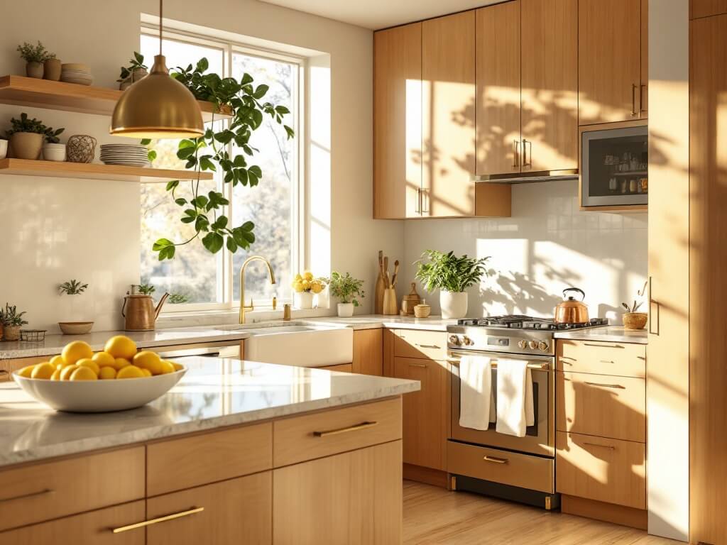 Luxury kitchen with honey-toned maple Shaker cabinets bathed in golden hour light, brass hardware, marble island, fresh lemons in a white bowl, trailing pothos plants, vintage copper kettle, and cream linen tea towels, with warm natural light streaming through floor-to-ceiling windows.