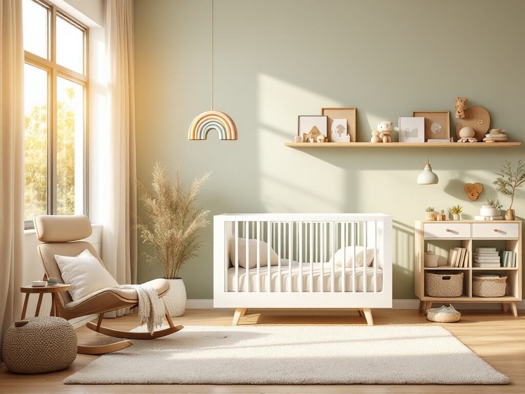 Scandinavian nursery bathed in golden hour light, featuring a white convertible crib, natural wood accents, a sage green accent wall with floating shelves, a plush cream rug, and a muted rainbow mobile above the crib.