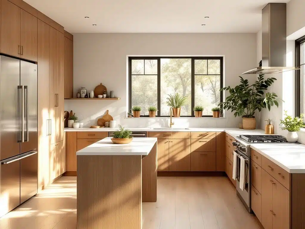 A sunlit Scandinavian kitchen with birch cabinetry, white quartz countertops, a marble backsplash, and stainless steel appliances. A large island with brass barstools sits in the center, complemented by under-cabinet LED lighting and natural decor touches like woven baskets, ceramic vases, and a fiddle leaf fig.