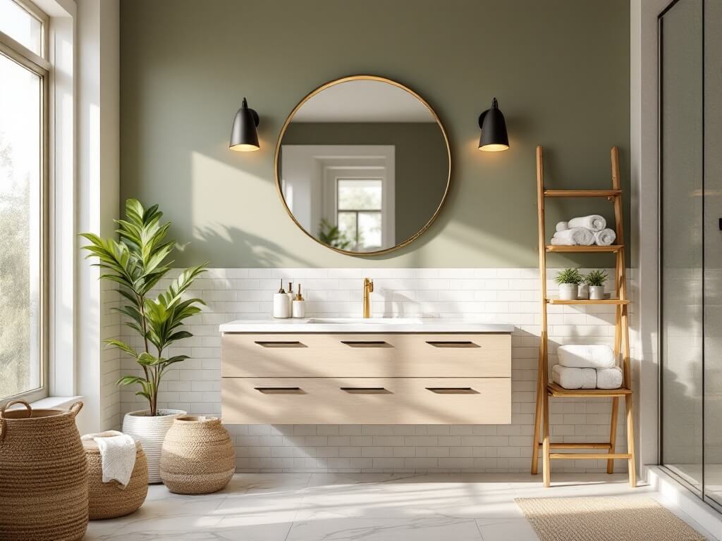 Modern minimalist bathroom with a floating white oak vanity, LED underlighting, brushed brass hardware, a circular gold-framed mirror, and a sage green accent wall. White subway tile backsplash, matte black wall sconces, a frosted window filtering morning light, and a vertical ladder shelf with rolled white towels. Woven storage baskets, a small potted monstera, bamboo bath accessories, marble-look porcelain floor tiles, and textured shower tiles. Soft natural and warm artificial lighting create a spa-inspired ambiance.