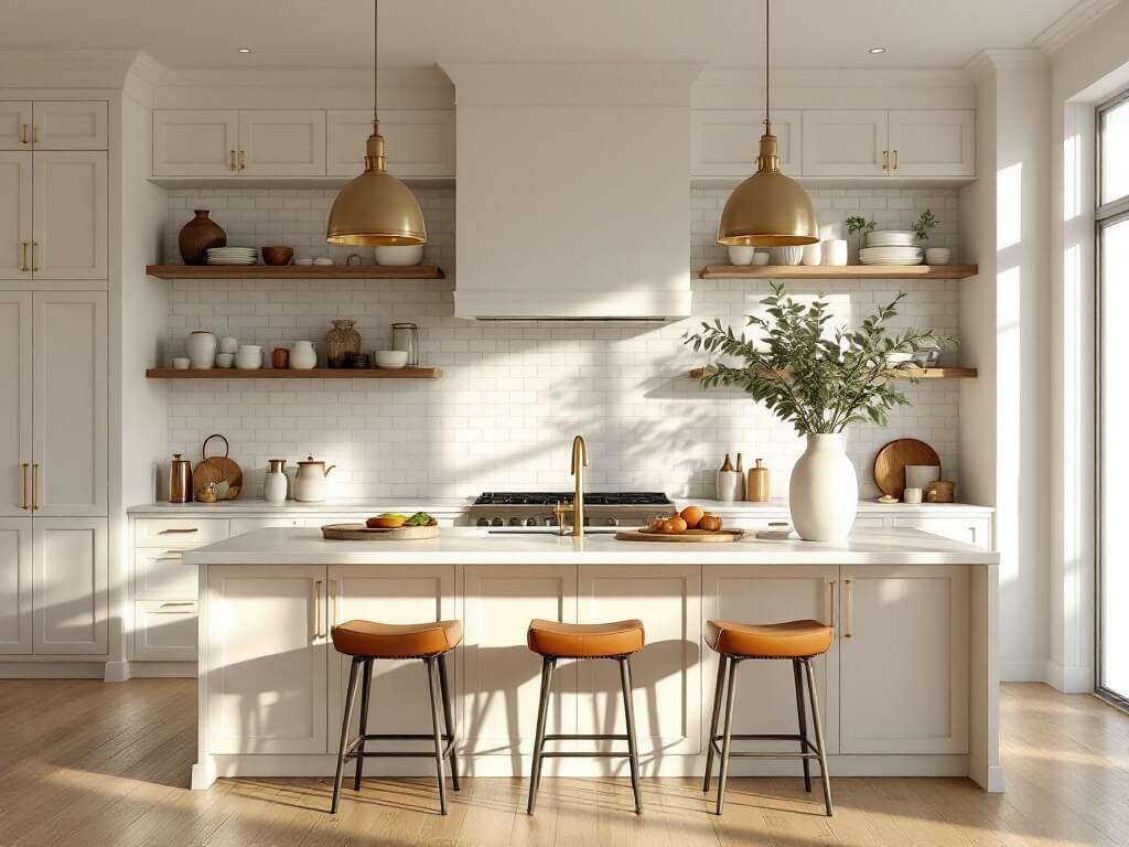 Sunlit modern kitchen with White Dove shaker cabinets, brass handles, a white quartz waterfall island, and natural white oak floors. Floating oak shelves hold artisanal ceramics and copper cookware, while brass pendant lights cast warm shadows. Three leather barstools line the island, with a ceramic vase of fresh eucalyptus as a centerpiece. Floor-to-ceiling windows bring in golden hour light, enhancing the minimalist luxury aesthetic.
