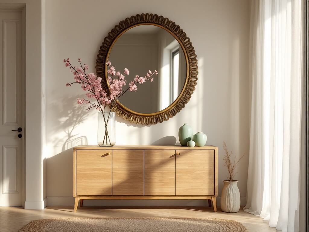 Sunlit entryway with weathered oak console table, cherry blossoms in a glass vase, vintage brass mirror, sage green ceramic vessels, sheer linen curtains, and herringbone oak flooring with a jute runner.