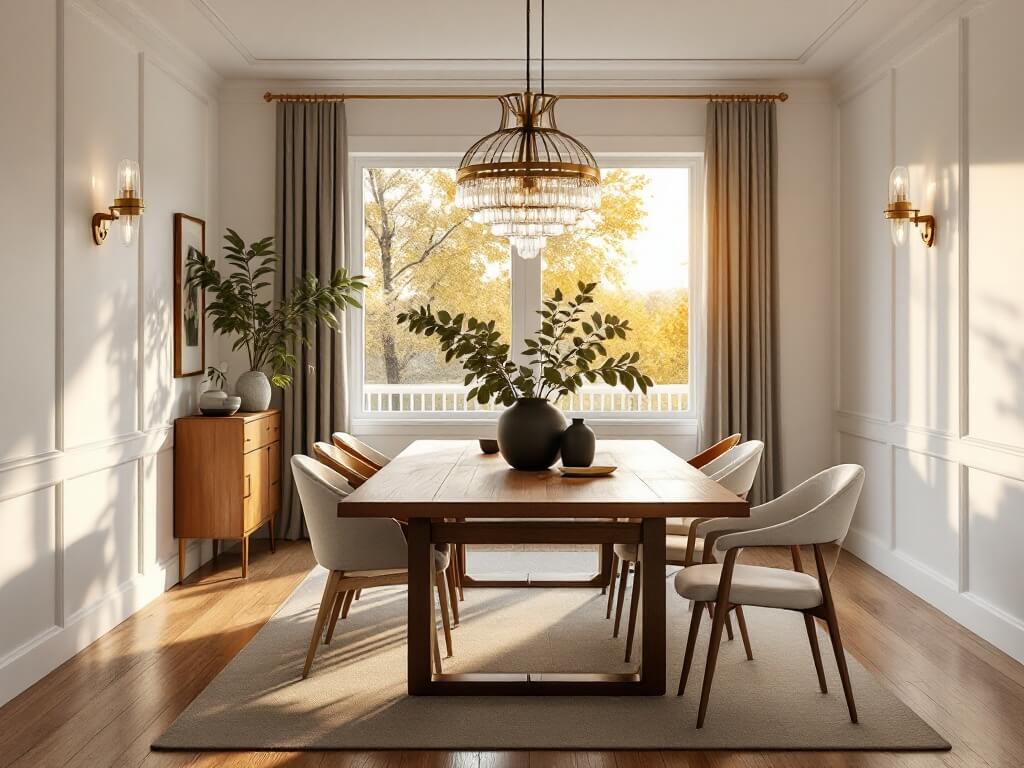 Sunlit dining room with a restored 1940s walnut table, mix-matched Danish modern chairs, a vintage crystal chandelier, and textured linen curtains. Warm golden hour lighting casts prismatic shadows on Simply White walls and original hardwood floors. A brass vase with fresh eucalyptus sits beside matte black ceramics and vintage cut crystal, enhancing the elegant, cinematic ambiance.