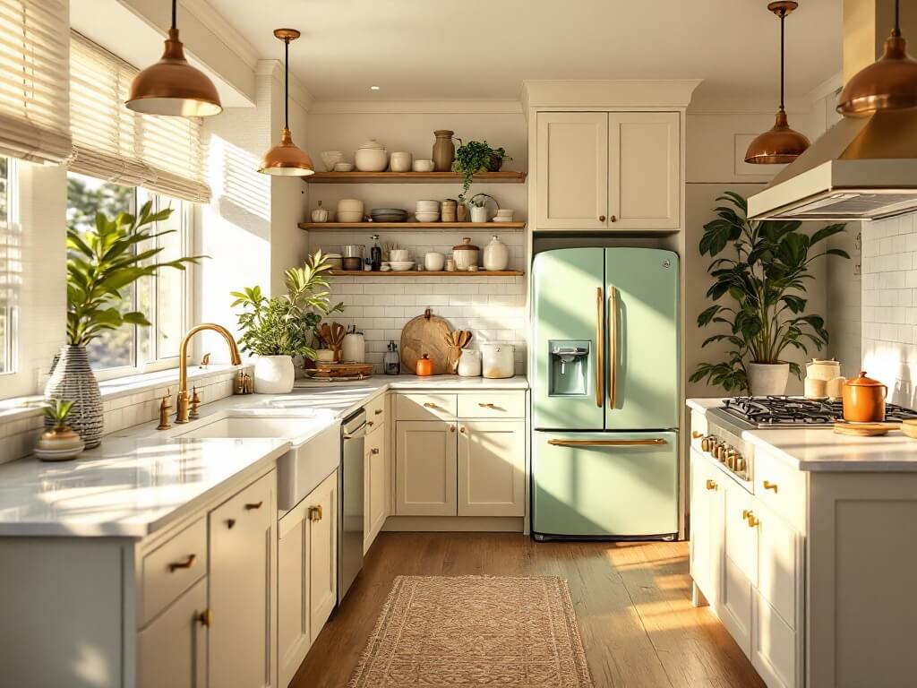 Sunlit modern-vintage kitchen with cream shaker cabinets, aged brass hardware, mint green Smeg fridge, white marble countertops, farmhouse sink, antique copper pendant lights, and reclaimed oak flooring.