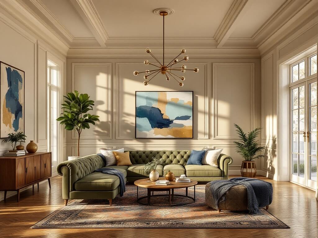 Hyperrealistic photograph of a sunlit modern vintage living room at golden hour, featuring a moss green tufted Chesterfield sofa, Benjamin Moore 'Swiss Coffee' walls, a brass sputnik chandelier casting dramatic shadows, a mid-century walnut sideboard, and contemporary abstract art in blues and golds. The space is accented with layered Persian and geometric rugs, brass details, and rich textures, with natural light streaming through floor-to-ceiling windows.