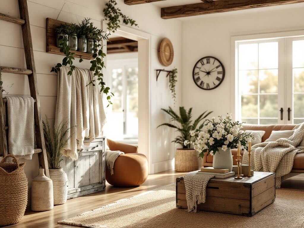 Photorealistic farmhouse entryway bathed in golden hour light, featuring a weathered wooden ladder with draped linen throws, a mason jar wall garden with ivy and ferns, and a vintage wooden crate coffee table styled with brass candlesticks, books, and cherry blossoms. A cozy reading nook with a distressed leather armchair and chunky knit throw sits nearby, with textured natural fiber elements and raw wood accents enhancing the rustic ambiance.