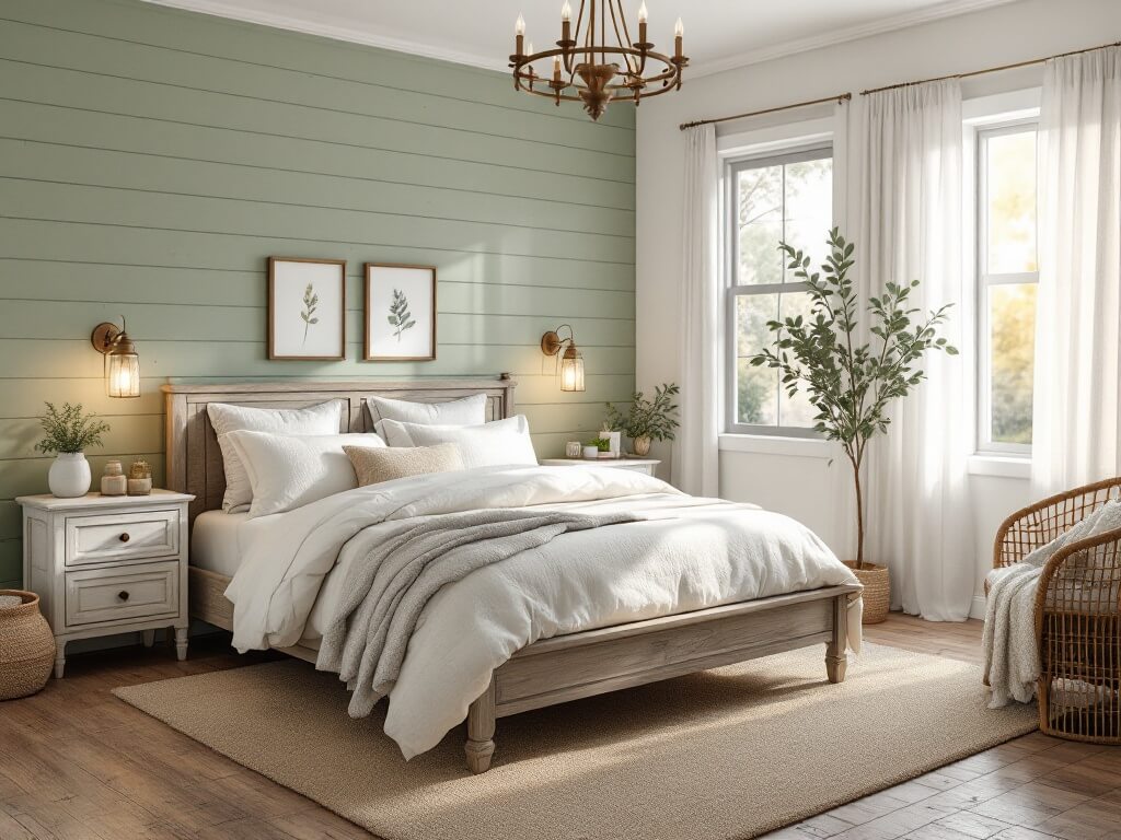 Hyper-realistic farmhouse bedroom with a sage green shiplap accent wall, weathered oak queen bed with layered white bedding, vintage brass chandelier, and morning golden hour light streaming through white linen curtains. The room features antique white nightstands with mason jar sconces, a jute rug on wooden floors, a woven accent chair with a chunky knit throw, and botanical prints in distressed frames. Textural elements include woven baskets, handmade quilts, and eucalyptus in a ceramic vase, creating a cozy, natural aesthetic.