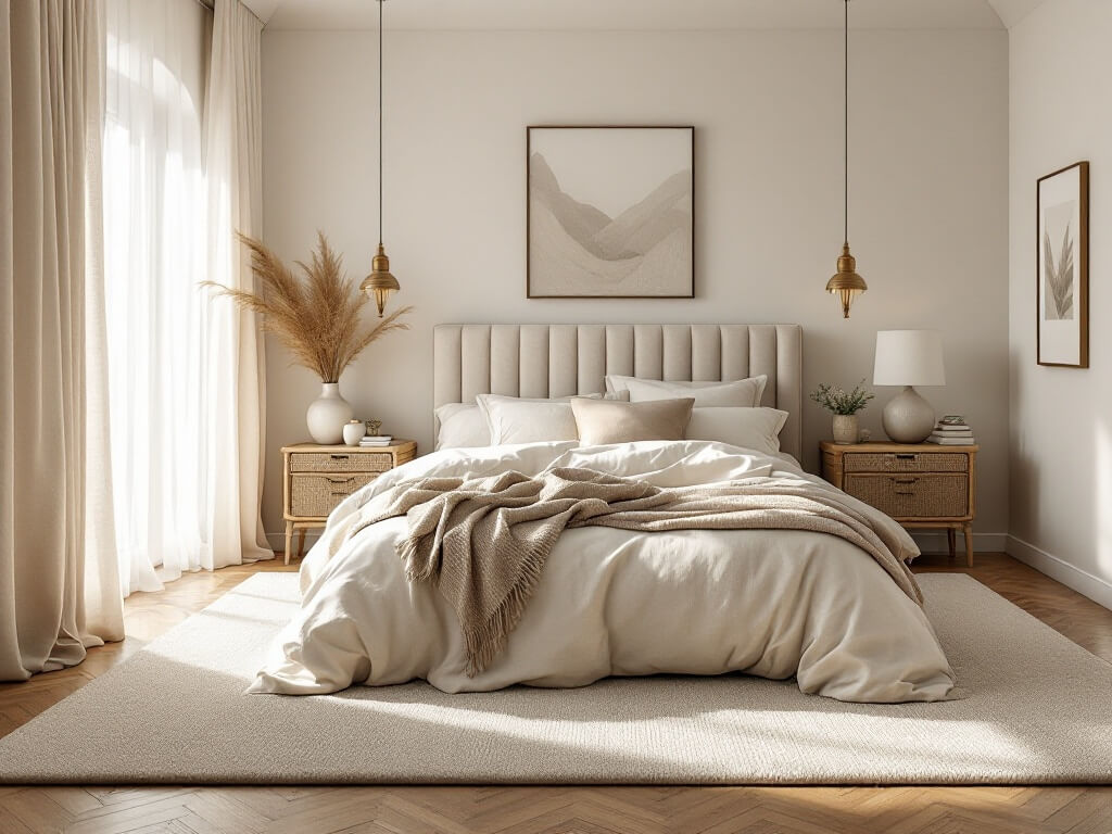 Serene master bedroom with soft morning light, a channel-tufted oatmeal linen bed, layered Belgian linen bedding, rattan nightstands with ceramic dome lamps, white oak herringbone flooring, vintage brass accents, and a cream wool rug. Floor-to-ceiling sheer curtains and dried pampas grass add texture.