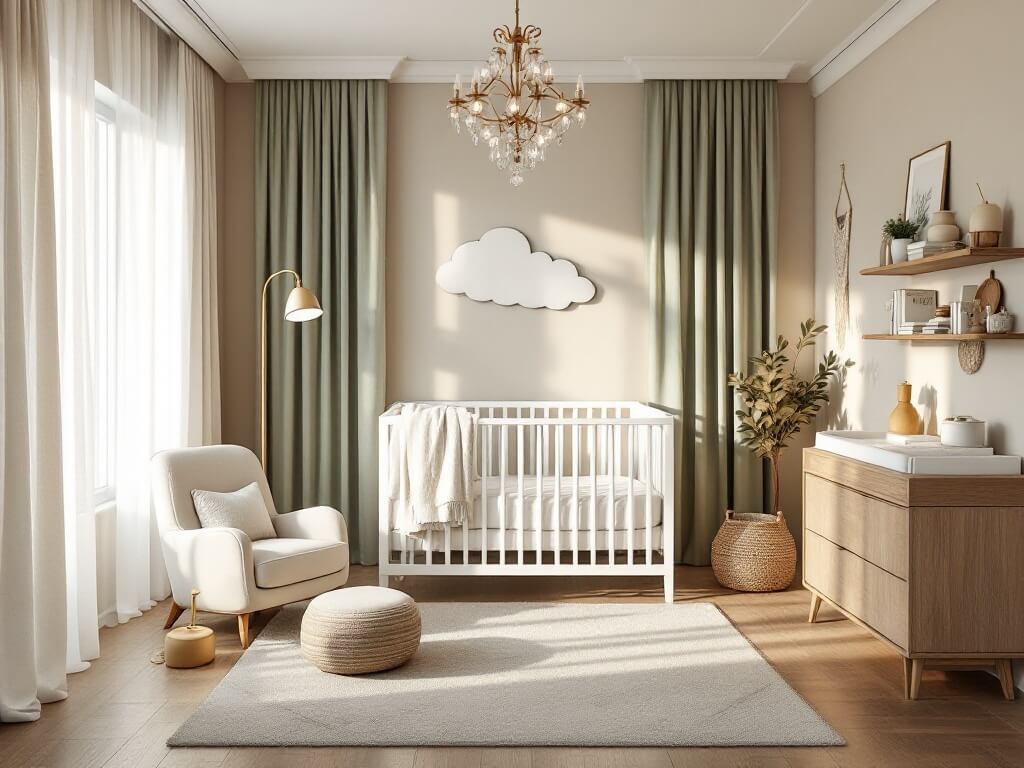 Luxurious modern nursery at golden hour with a white convertible crib, plush cream velvet glider, walnut changing table, and soft natural light through sheer curtains. Crystal chandelier, floating oak shelves, and macramé wall hanging enhance the serene ambiance.
