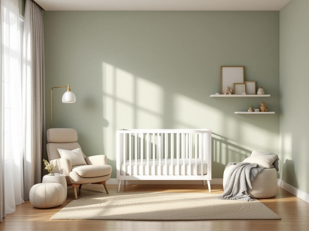 Serene nursery with sage green walls, modern white convertible crib, plush oatmeal glider, and soft morning sunlight filtering through sheer and blackout curtains. Layered jute rug, floating shelves with gold accents, and organic cotton bedding create a cozy, photorealistic interior.