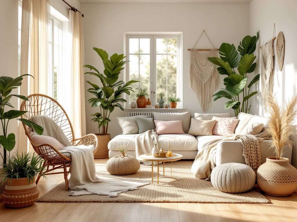 Sunlit bohemian living room with natural textures, featuring a rattan peacock chair, linen sofa, layered rugs, macramé wall hangings, lush greenery, brass accents, and Moroccan poufs in golden hour lighting.