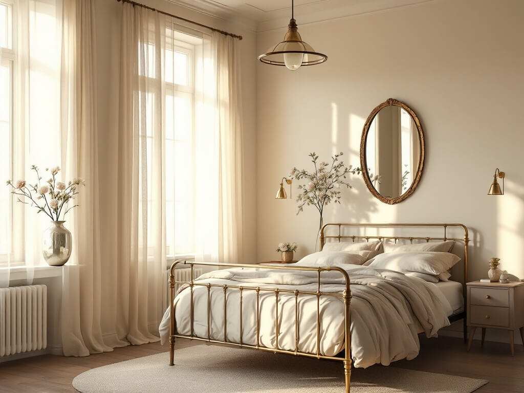 Vintage minimalist bedroom at golden hour with sunlight streaming through tall windows with sheer white curtains. A 1920s brass bed with cream linen bedding sits as the focal point. A mahogany Art Deco dresser with brass pulls stands against a whitewashed wall, topped with a mercury glass vase of white peonies. A gilt-edged oval mirror and aged brass pendant light add elegance. Soft textures and warm tones create a serene, cinematic atmosphere.