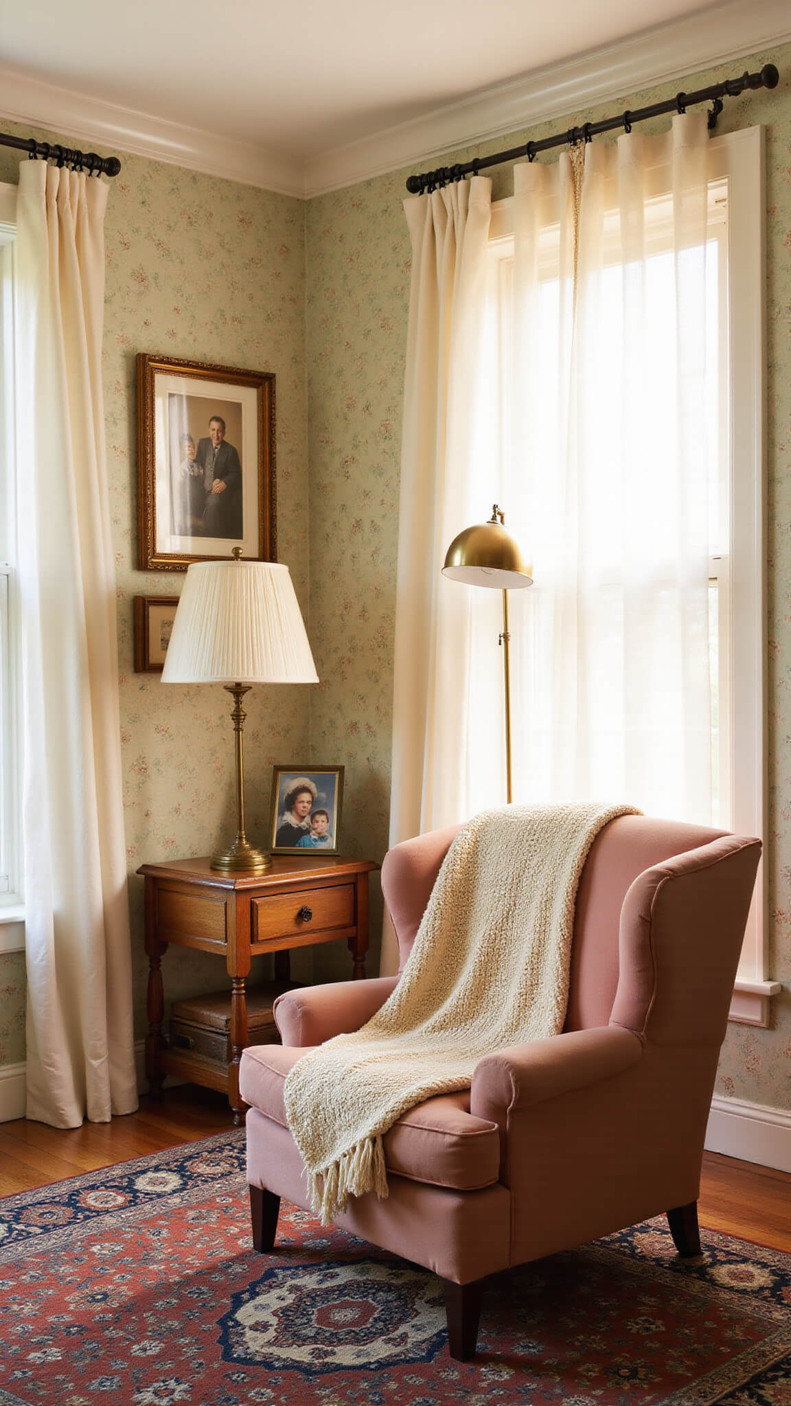 Sunlit vintage-style living room with dusty rose wingback chair, cream afghan, brass accents, floral wallpaper, and muted Persian rug at golden hour.