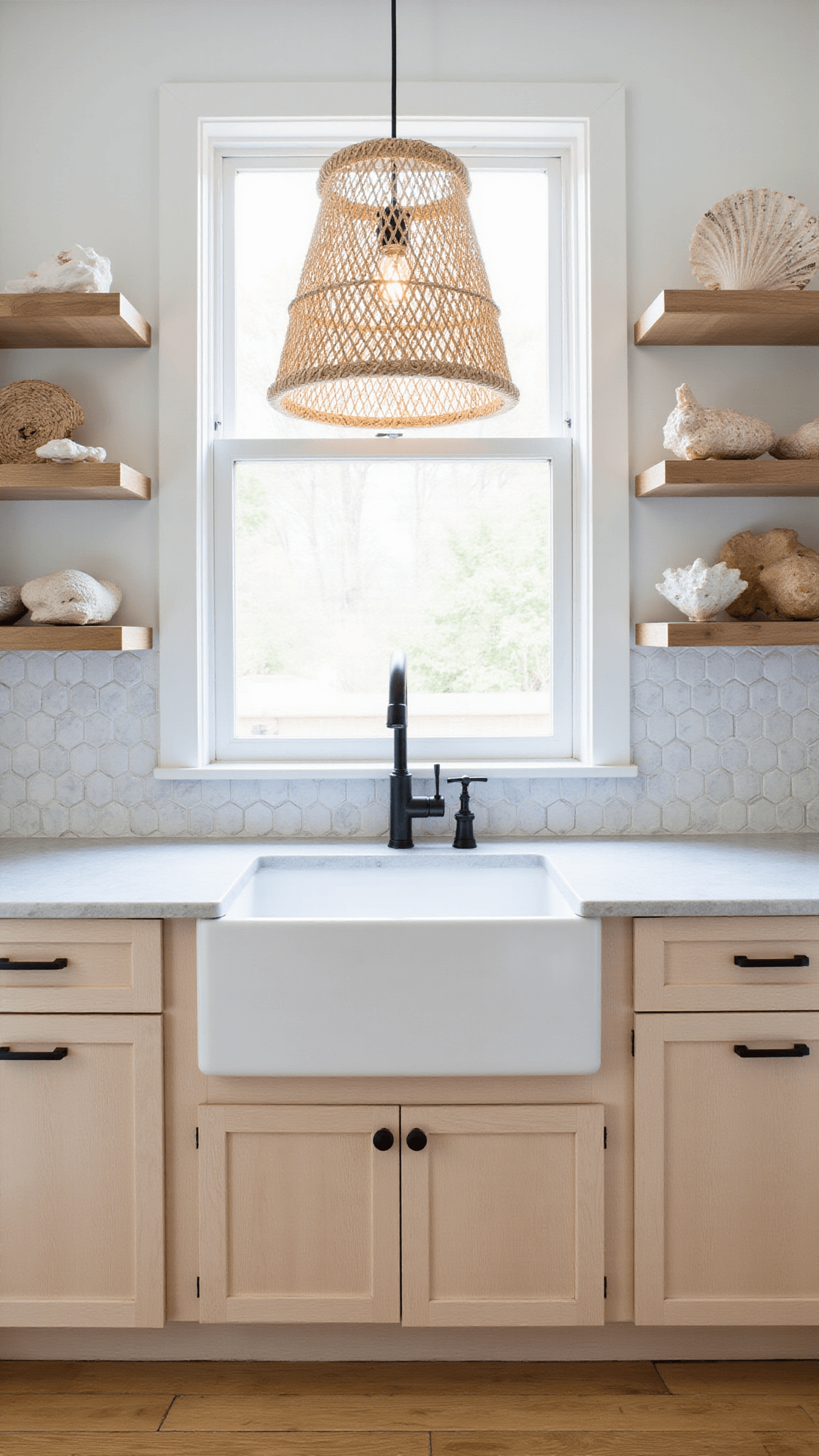 Modern 15x18ft kitchen with bleached oak cabinets, Caesarstone ‘Fresh Concrete’ counters, rattan pendant lights, marble hex tile backsplash, and coastal decor on floating shelves, brightly lit through floor-to-ceiling windows.