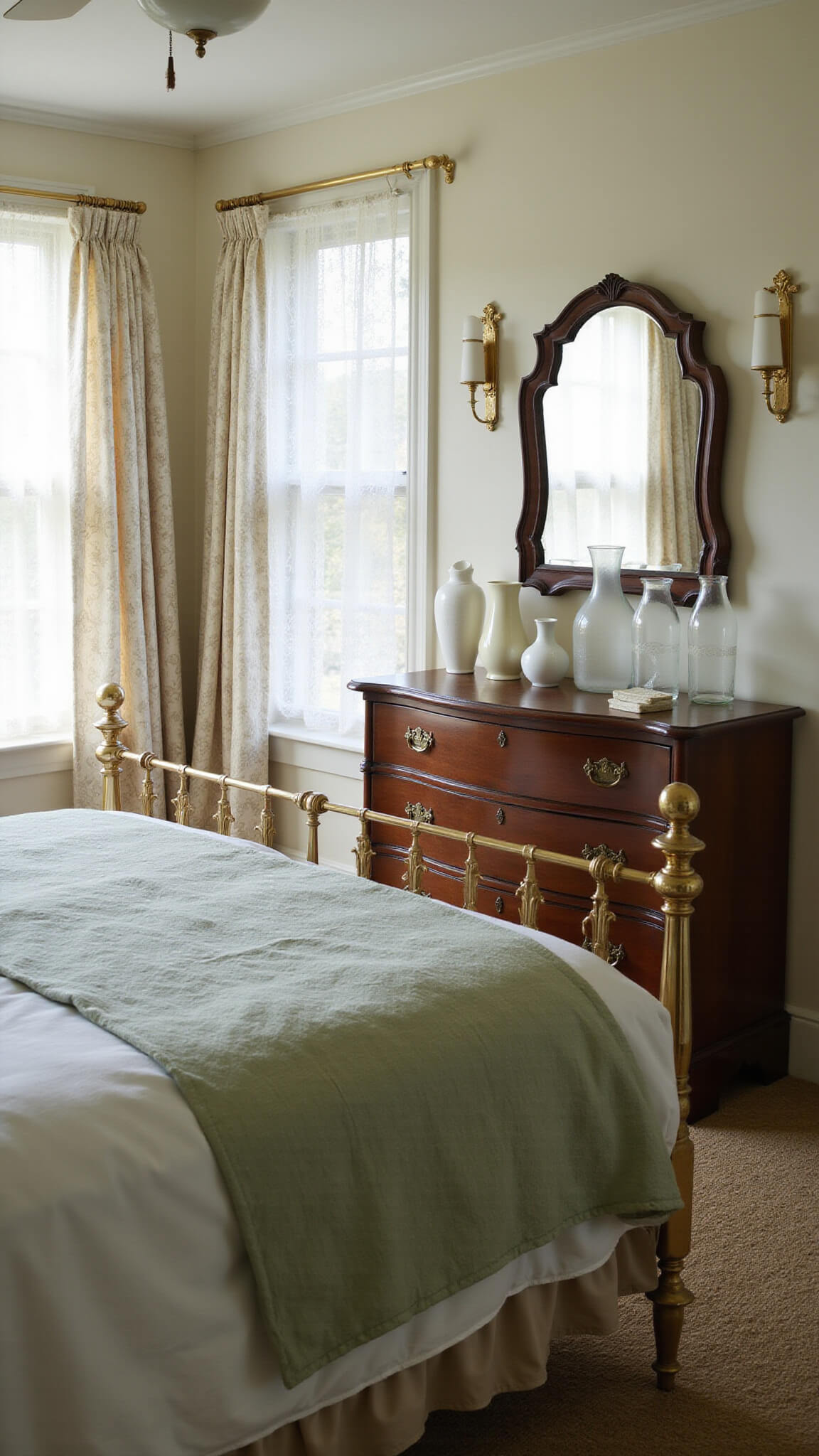 Victorian-style master bedroom with brass bed, vintage quilt, mahogany dresser, milk glass vases, and lace curtains in soft morning light.