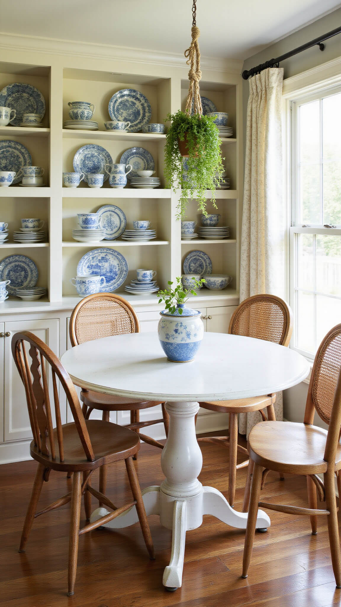 Cozy breakfast nook with round white table and assorted chairs, blue-and-white china on shelves, macramé hanger with pothos, lit by warm afternoon sun through cafe curtains.