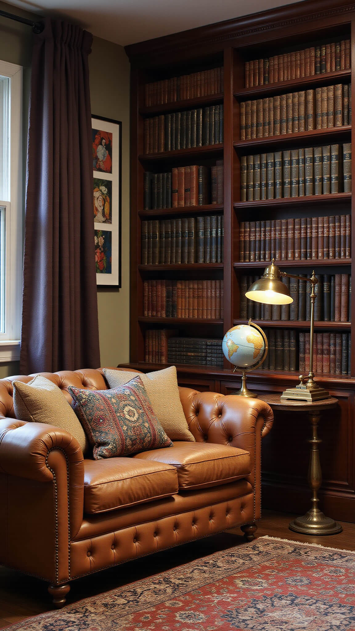 Cozy reading nook with cognac leather Chesterfield sofa, vintage pillows, tall bookshelf, brass lamp, antique globe, and moody evening lighting.