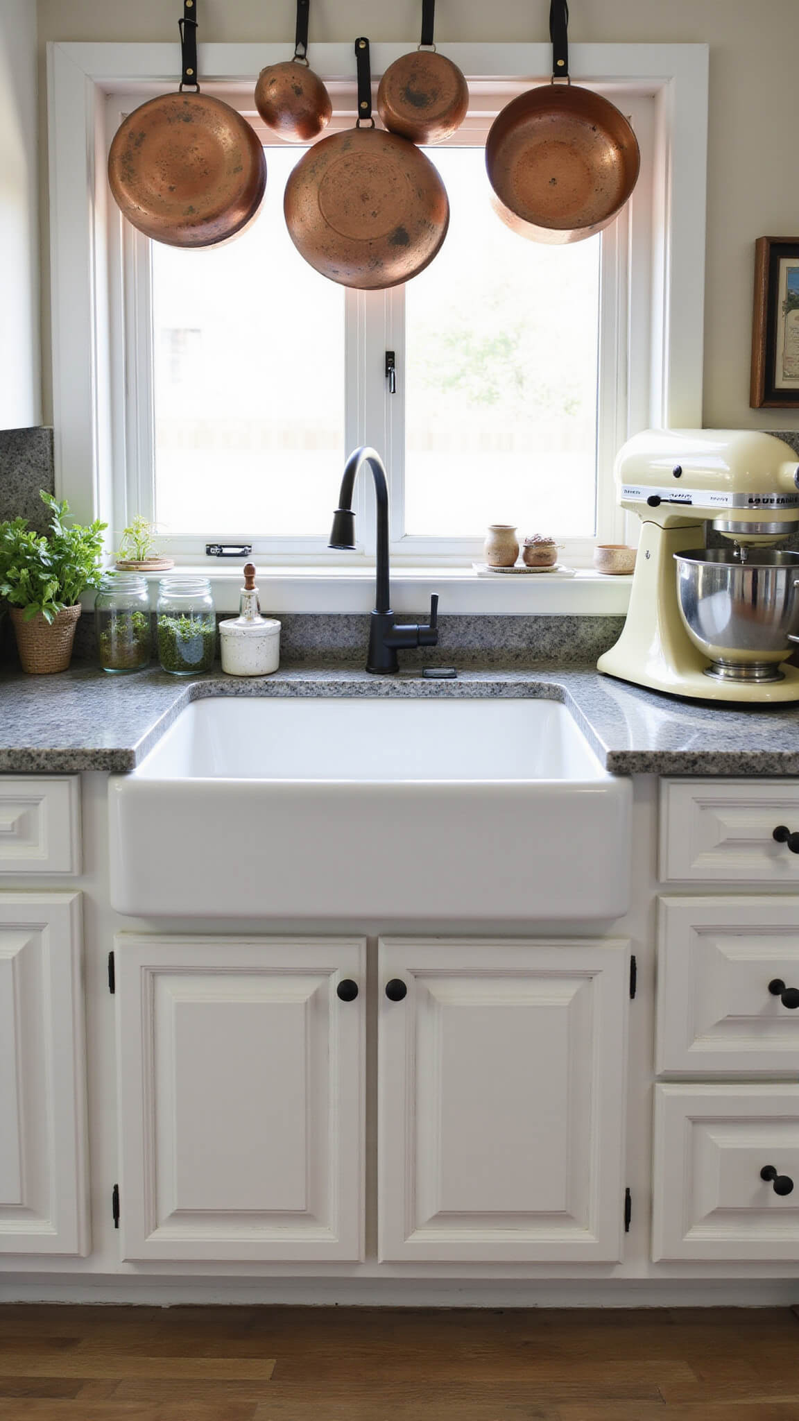 Close-up of farmhouse kitchen vignette with copper pots, marble countertop, vintage bowls, herbs in jars, and morning light shadows.