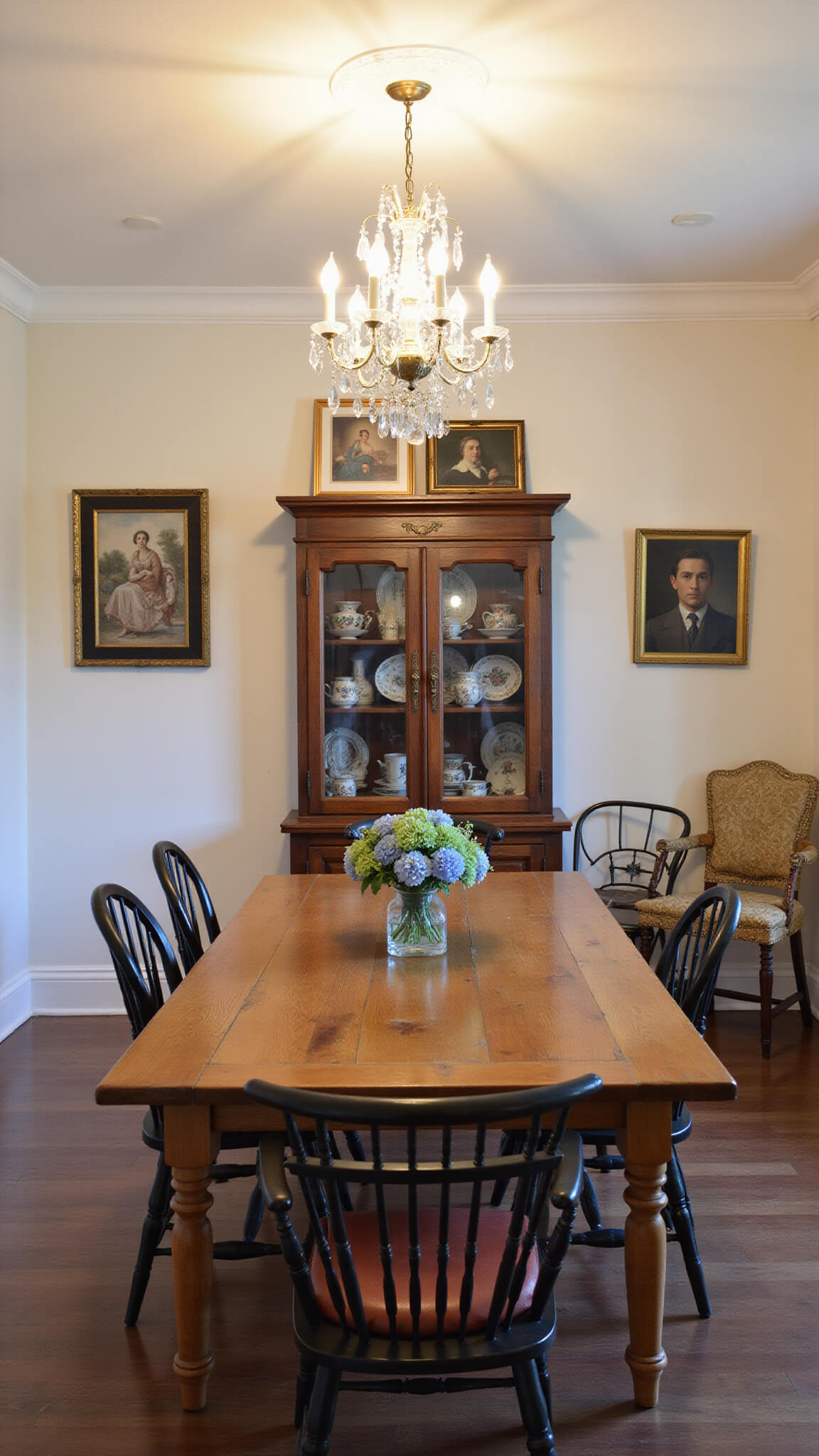 Dining room with extended farmhouse table, mixed chairs, crystal chandelier, vintage china cabinet, gallery wall of oil paintings and photos, evening ambient lighting.