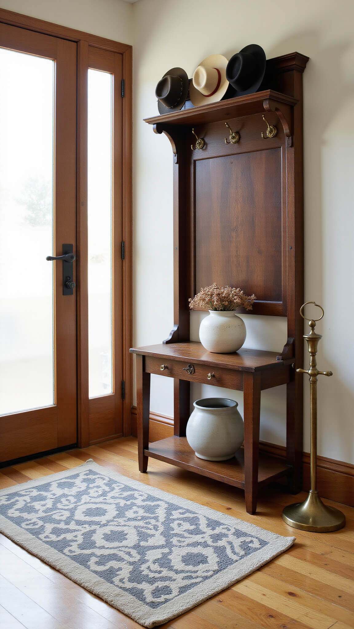 Victorian dark oak hall tree with brass hooks and vintage hats, modern runner on hardwood floor, brass umbrella stand, ceramic vase with dried flowers, lit by diffused light from frosted glass door.