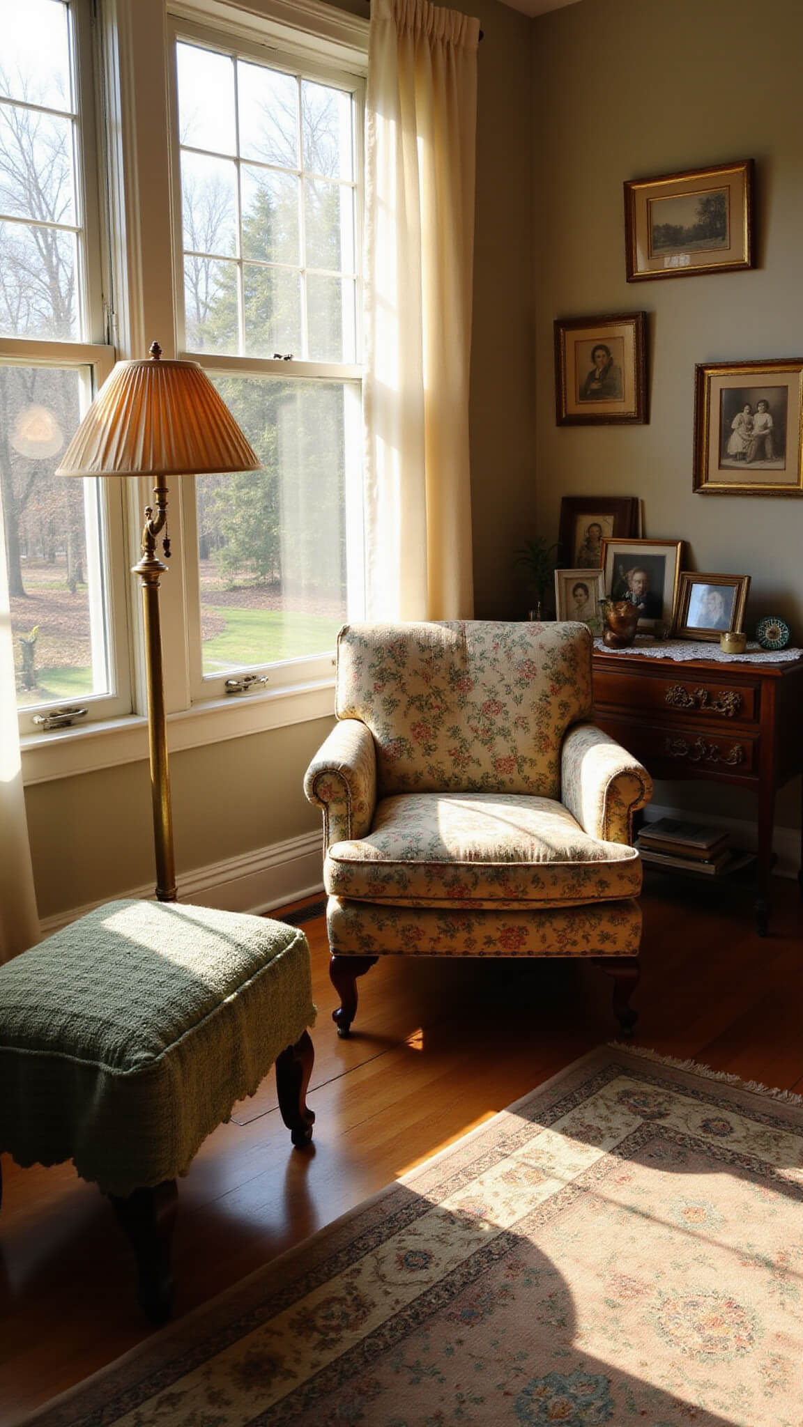 Sunlit vintage living room with floral armchair, brass lamp, faded rug, lace curtains, and sepia family photos at golden hour.