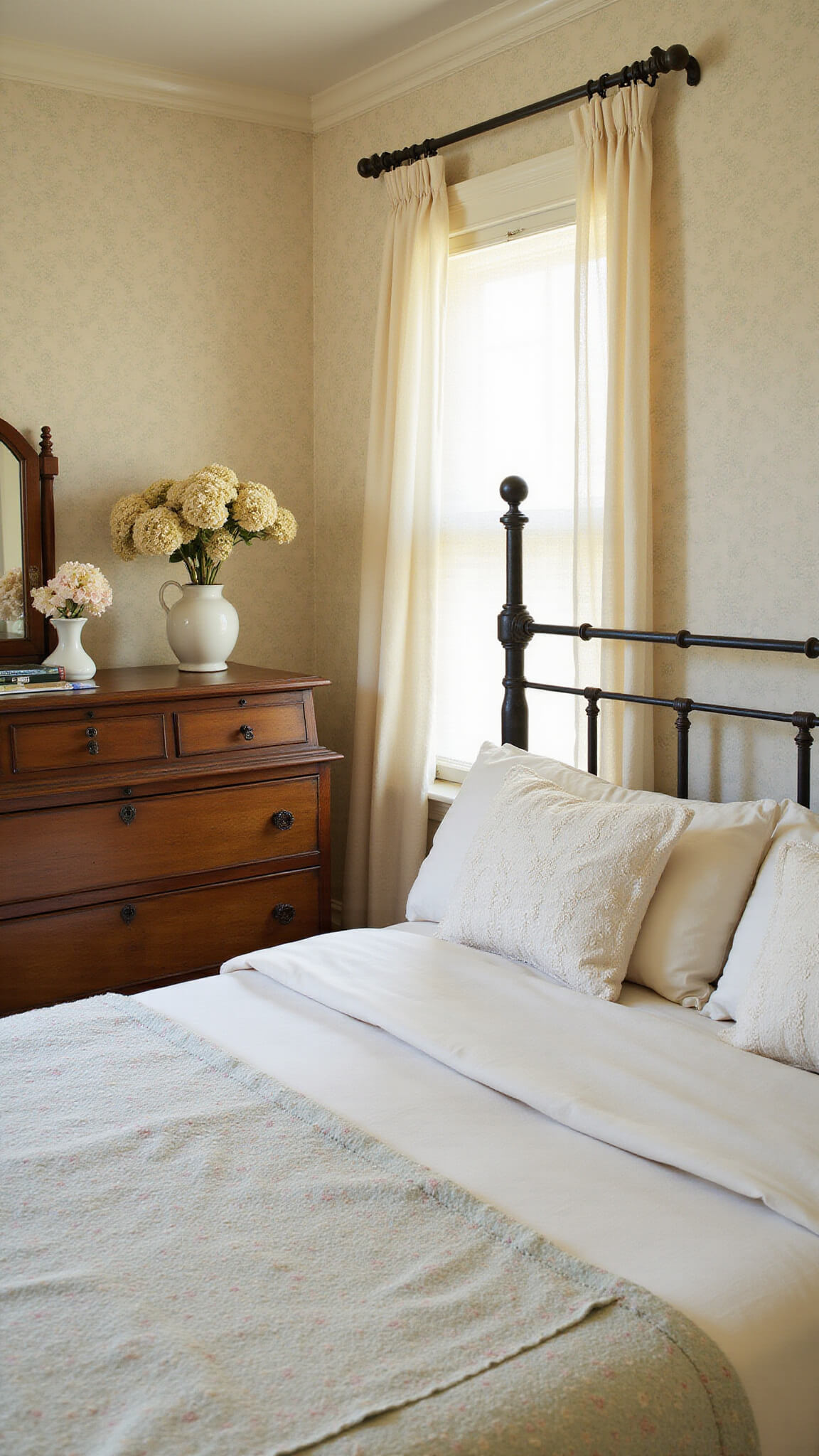 Cozy bedroom corner with antique iron bed, pastel quilt, embroidered linens, wooden dresser, and morning light through sheer curtains.