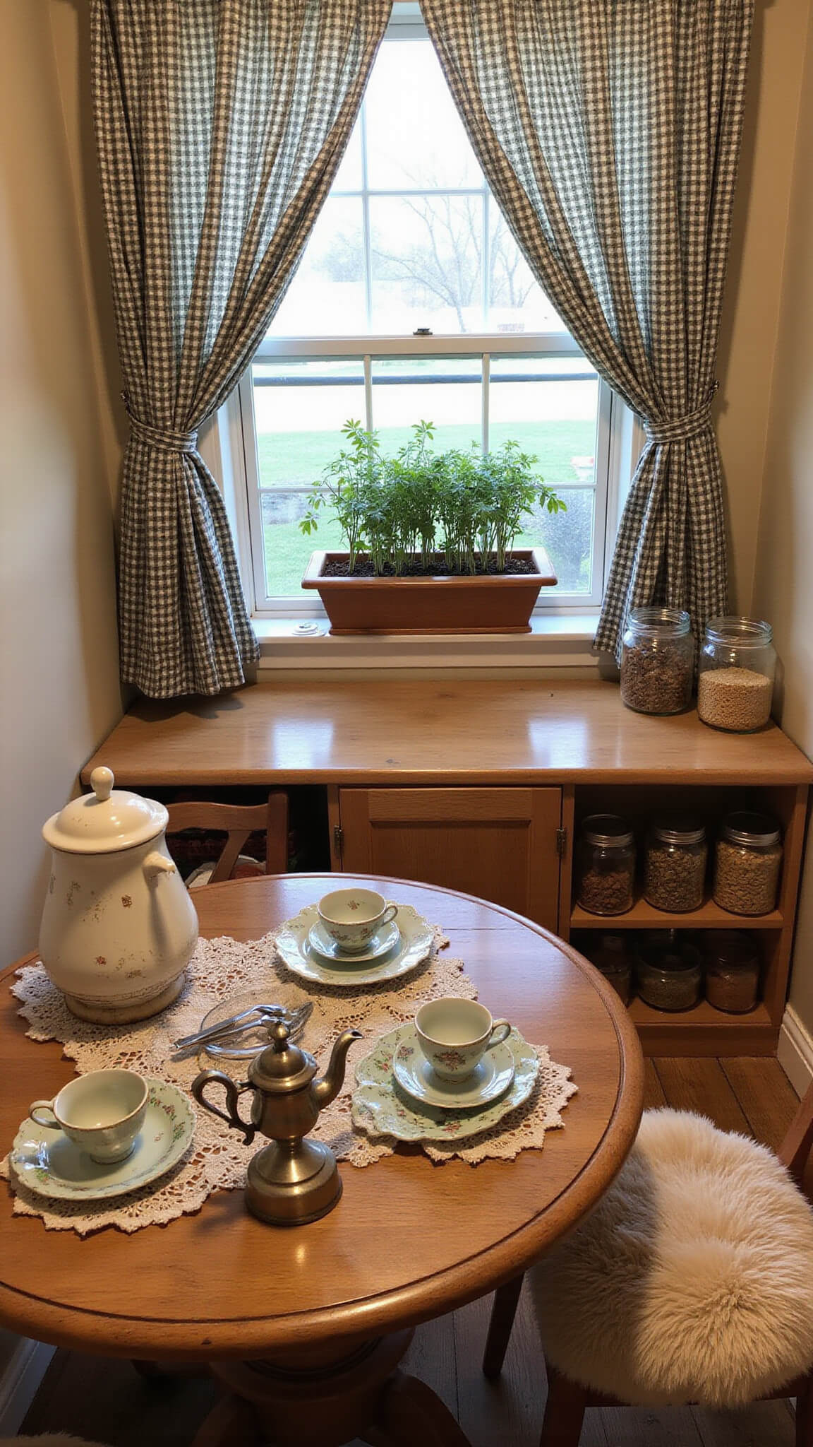 Cozy 8x10ft kitchen nook with scalloped oak table, vintage china, silver tea set, gingham curtains, and herb-filled window box, viewed from slightly above.