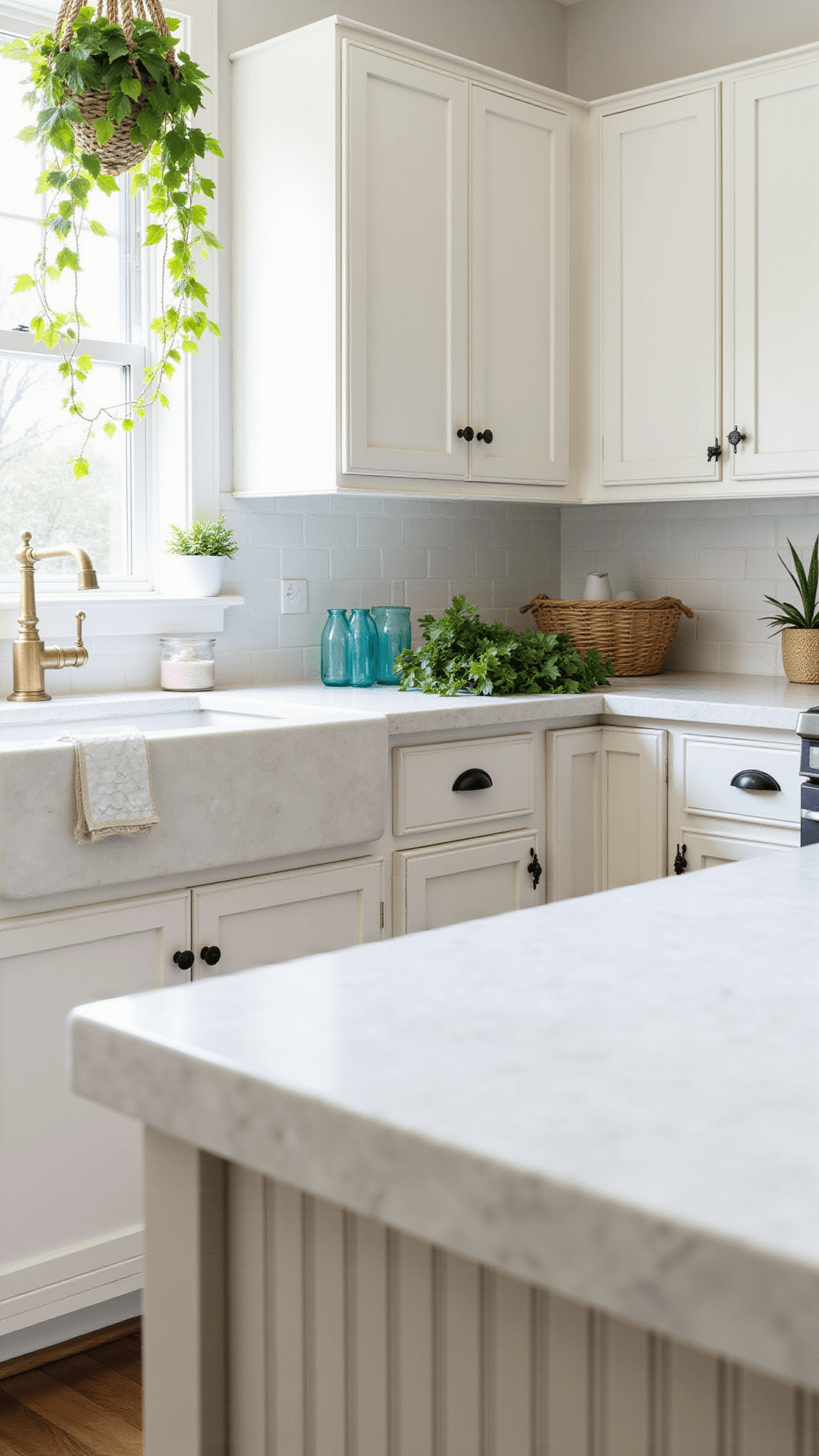 White oak kitchen island with mother of pearl waterfall edge, weathered brass hardware, white beadboard cabinets, macramé plant hangers, and vintage blue glass floats in morning light.