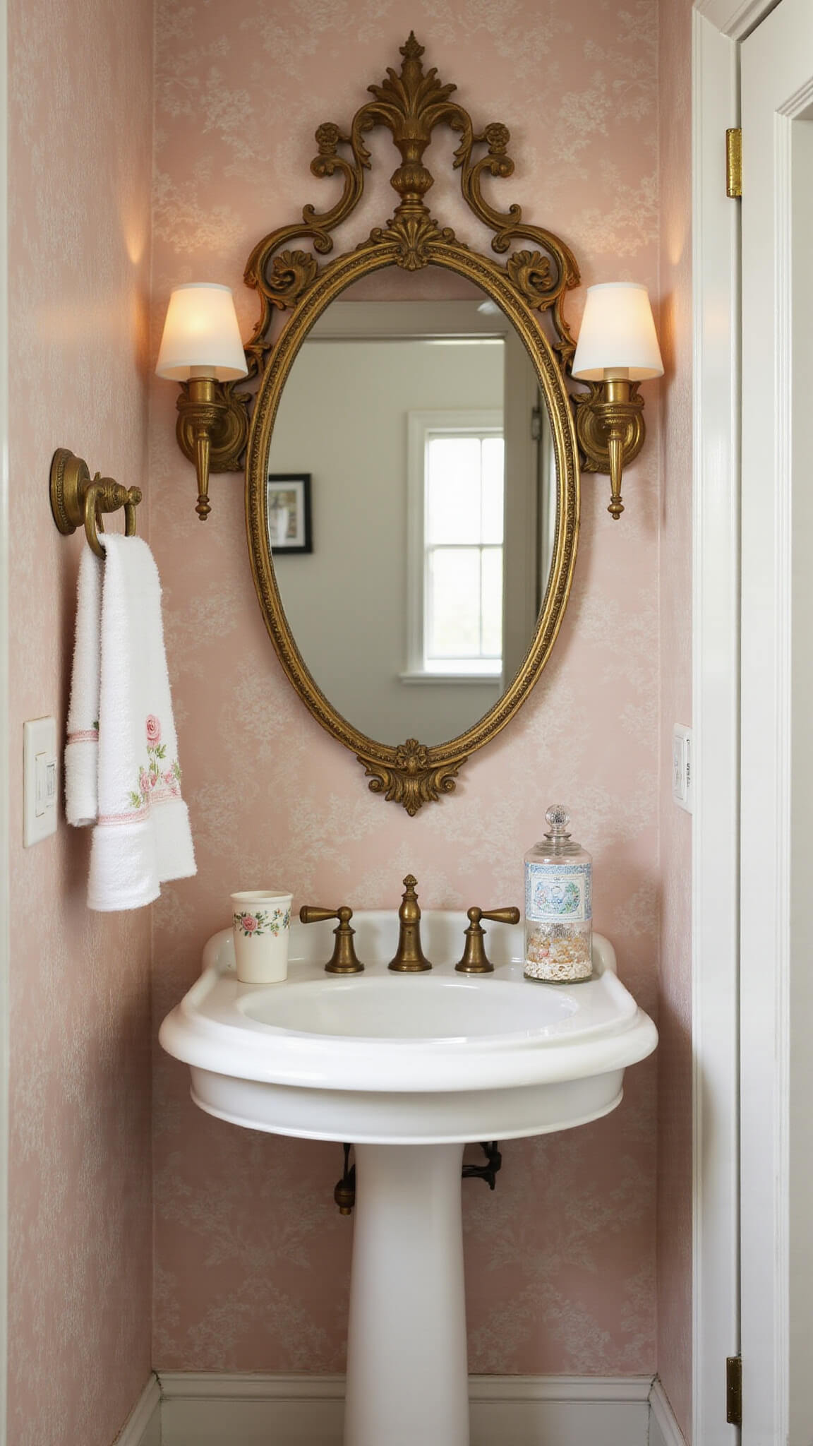 Vintage-style powder room with rose-patterned wallpaper, brass-fixtured pedestal sink, ornate oval mirror, and delicate decorative accents in morning light.
