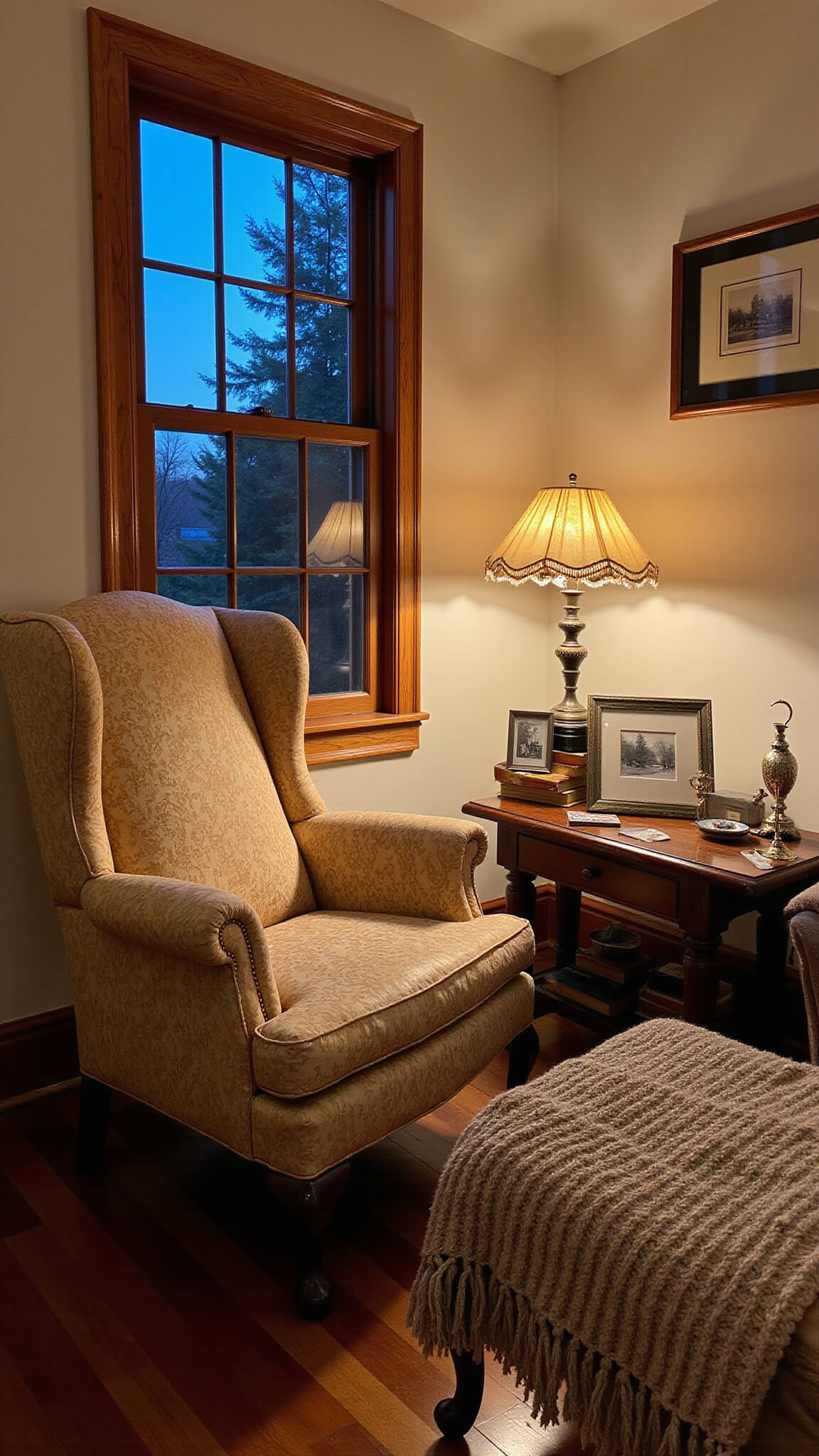 Cozy twilight sitting room with wing-back chair, reading lamp, books, and photographs by a leaded glass window.