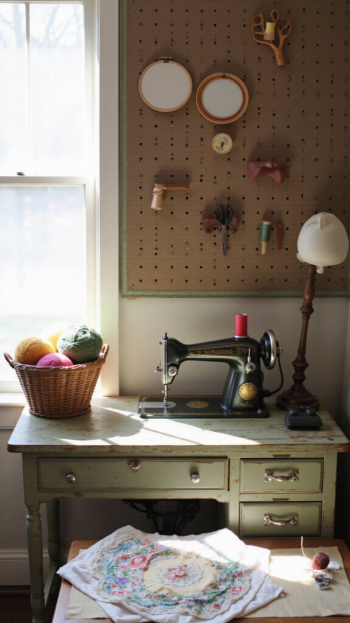 Overhead view of a bright 10x12ft craft room with Singer sewing machine on weathered desk, colorful yarn in basket, pegboard with embroidery hoops and vintage scissors, quilting squares on cutting table, and neatly arranged wooden spools of thread.